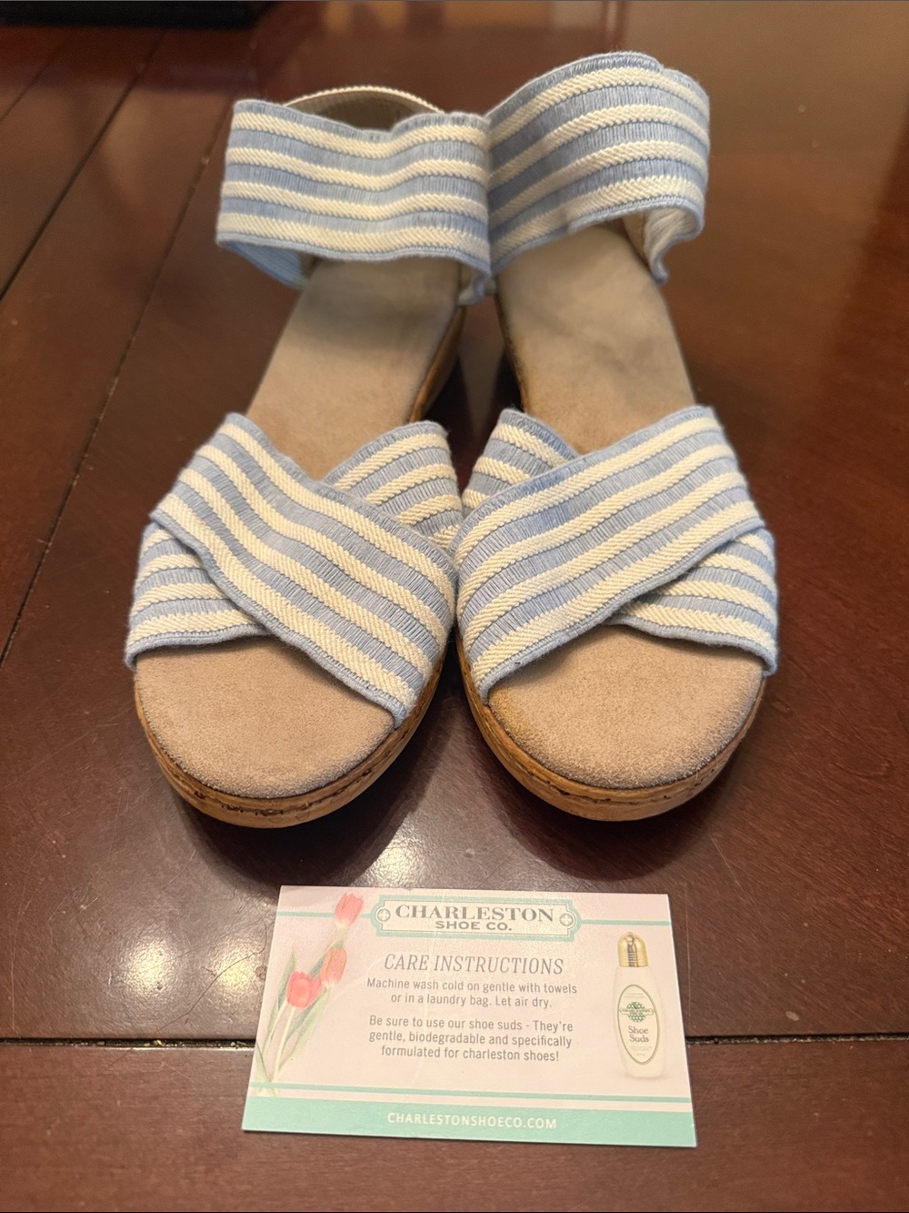 CHARLESTON SHOE CO. Light Blue & White Striped Espadrille Wedges